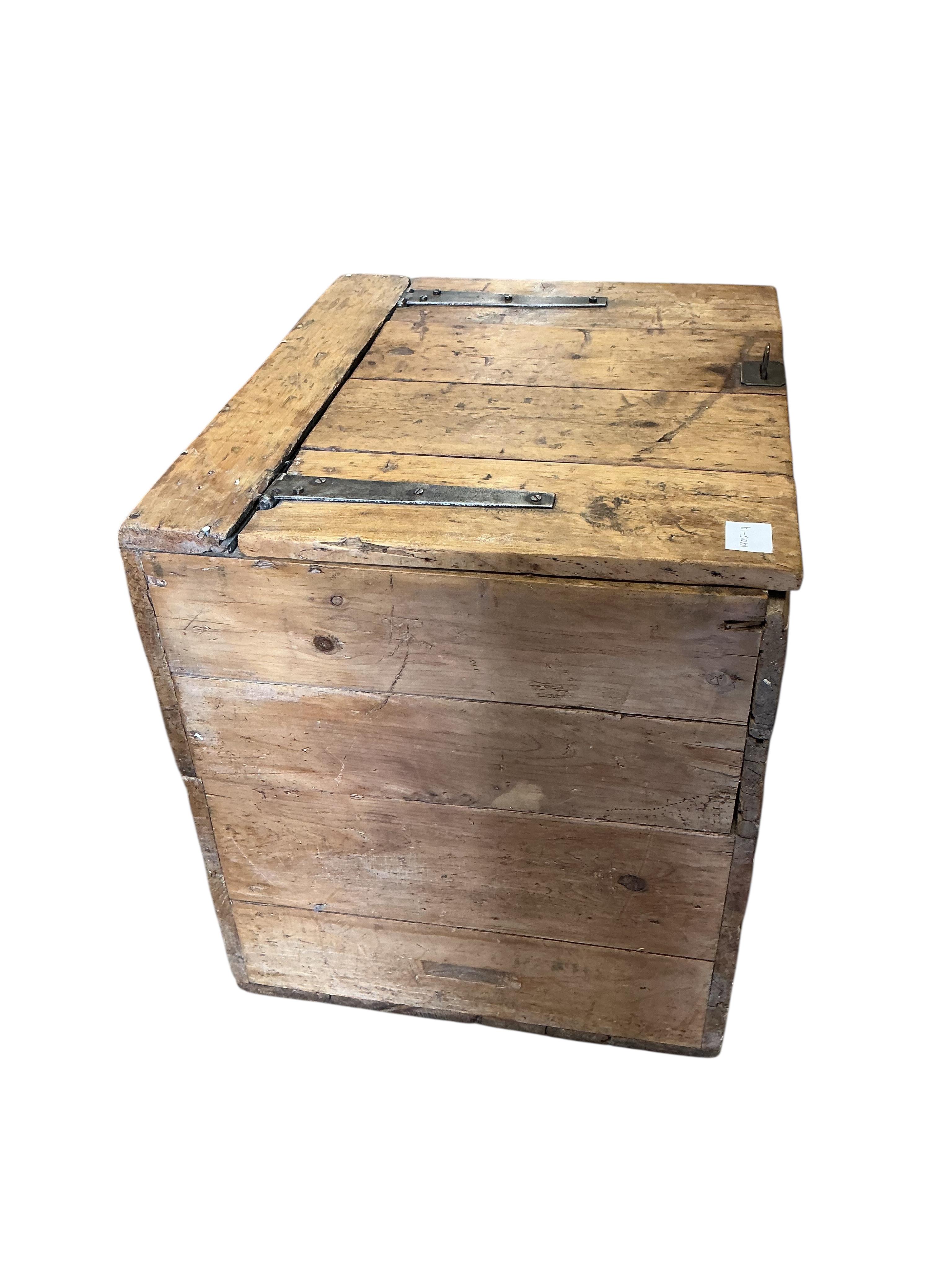 A 19th century brass and iron mounted pine trunk, width 57cm, depth 49cm, height 56cm